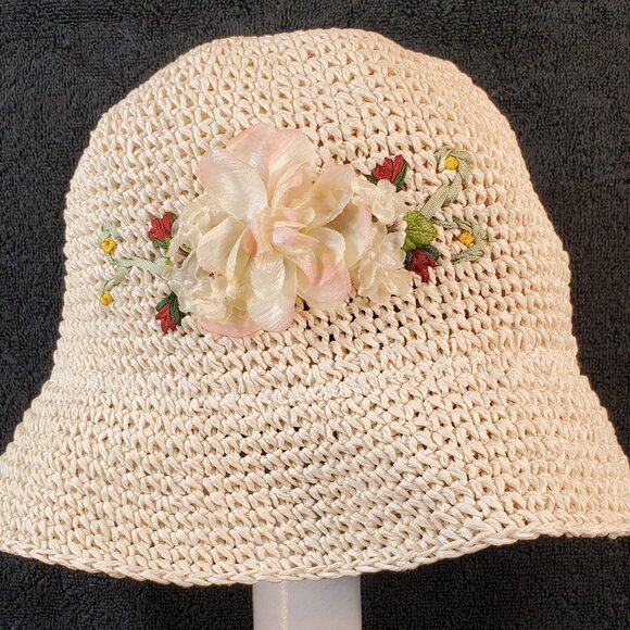 Foldable Beige Straw Bucket Hat w/ Floral Design. - Picture 1 of 5